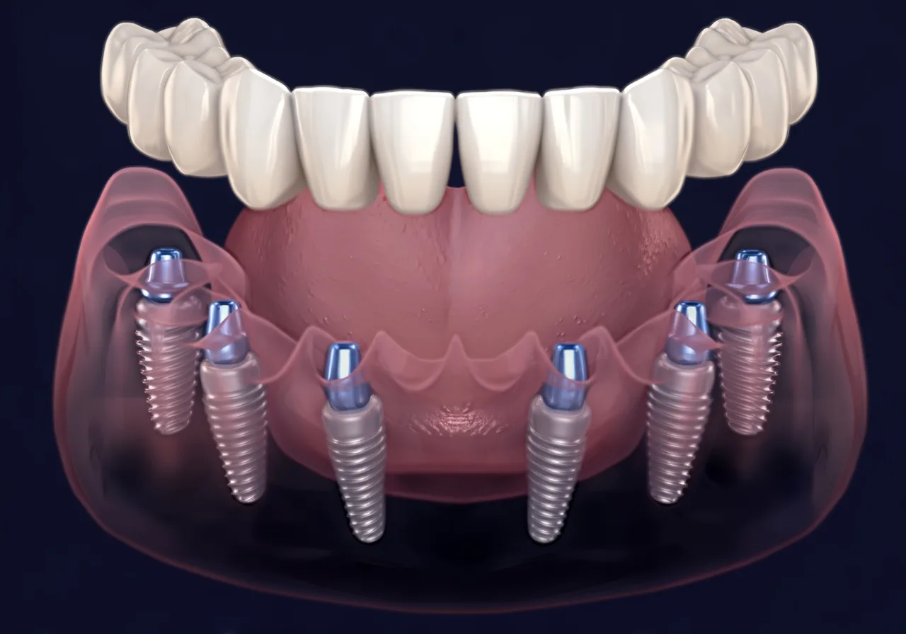 Illustration 3D d'une prothèse complète posée sur six implants